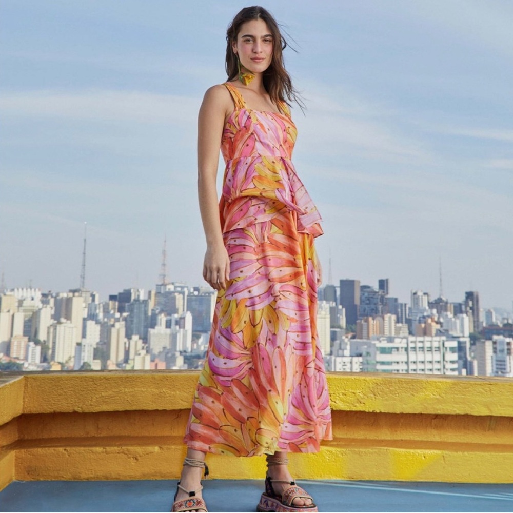 Farm Rio PINK OMBRE BANANAS CROSS BACK MAXI DRESS